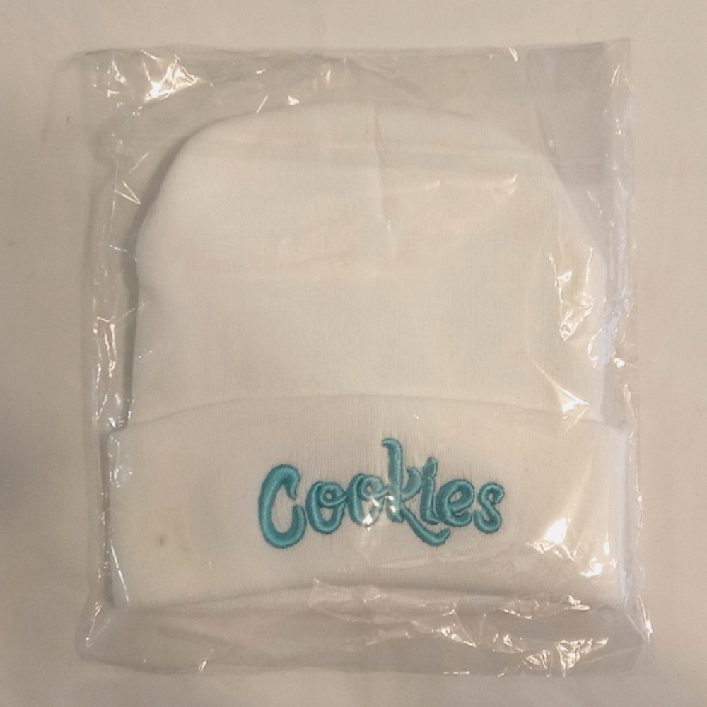 White and turquoise Cookies beanie